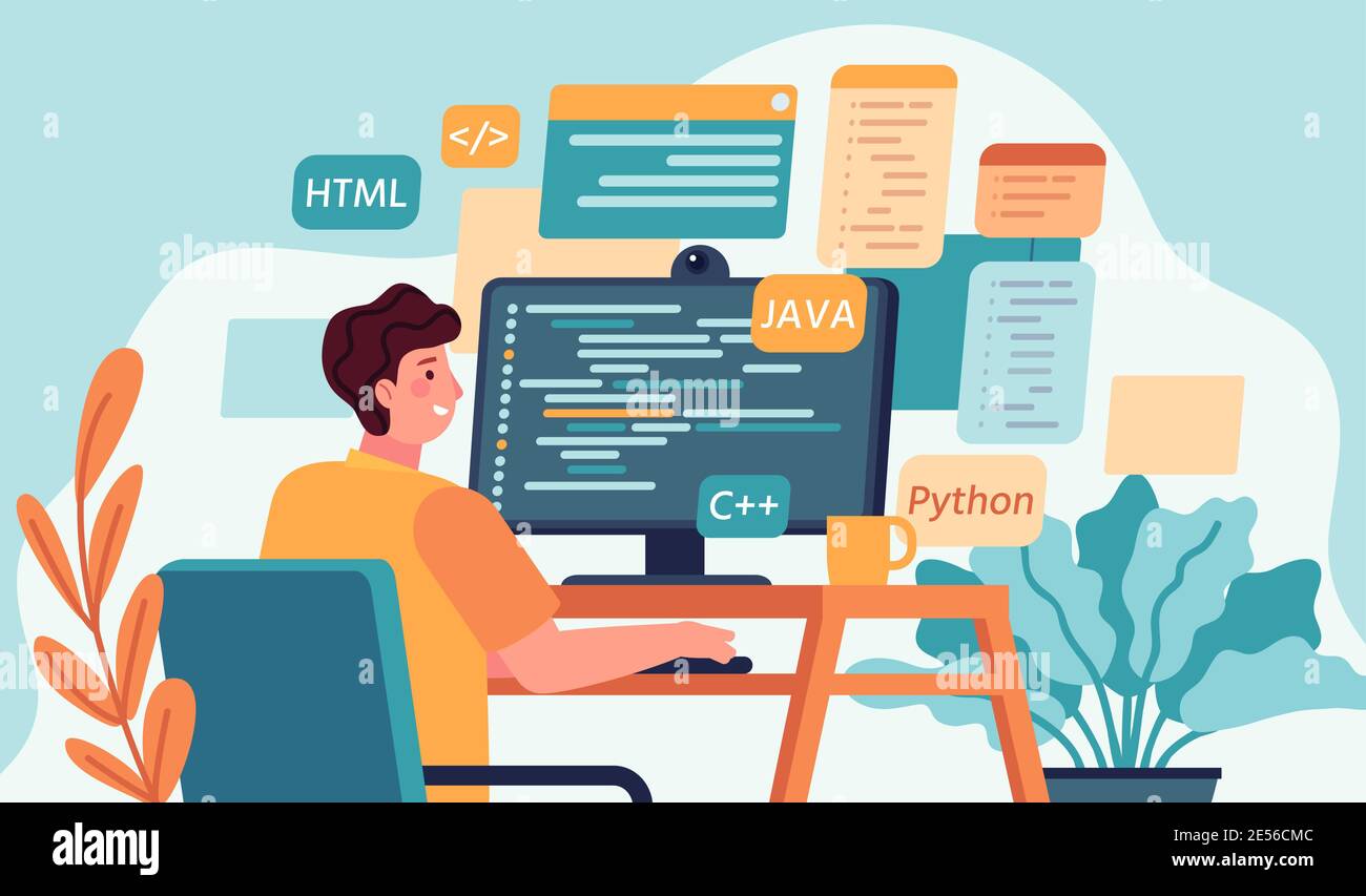 Programmer working. Program or web developer coding on computer. Screen with code, script and open windows. Coder engineer vector concept Stock Vector