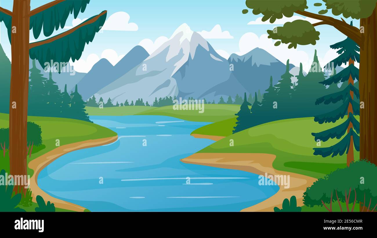 Mountain and lake landscape. Cartoon rocky mountains, forest and river scene. Wild nature summer panorama. Hiking adventure vector concept Stock Vector