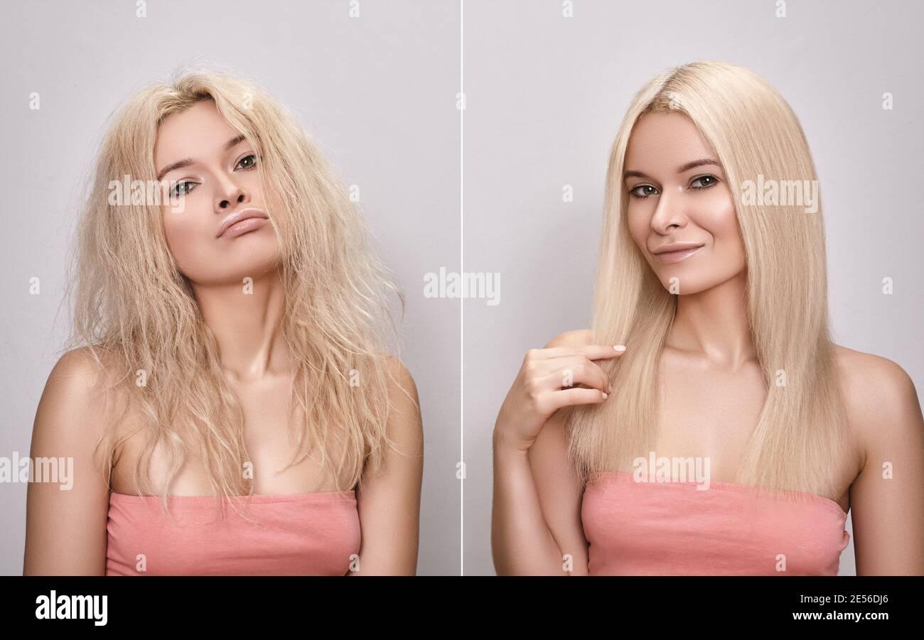 Beautiful woman before and after Hairstyle. Funny portrait with pout face  and happy face. Keratin treatment for gloss straight hair Stock Photo -  Alamy