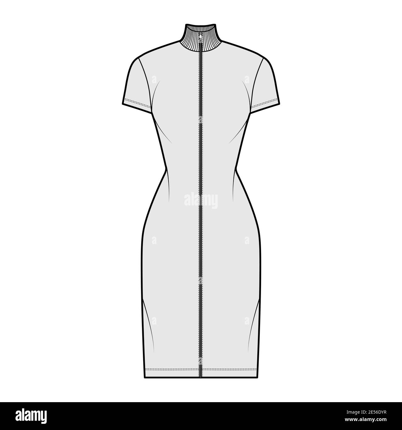 Turtleneck zip-up dress technical fashion illustration with short sleeves, knee length, fitted body, Pencil fullness. Flat apparel template front, grey color. Women, men, unisex CAD mockup Stock Vector