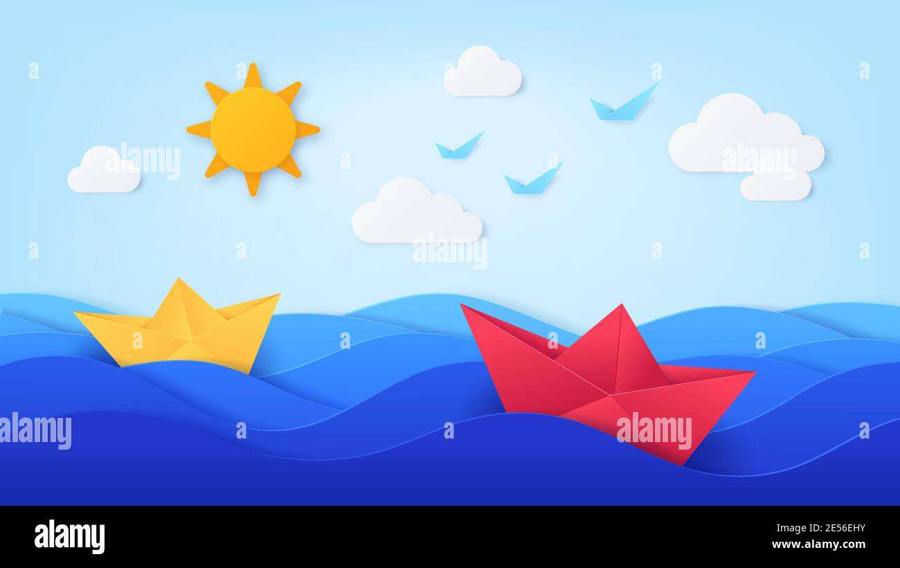 Paper sea with boats. Origami with ocean waves, ships, blue sky, sun, birds and clouds. Summer day seascape in paper cut style, vector art Stock Vector