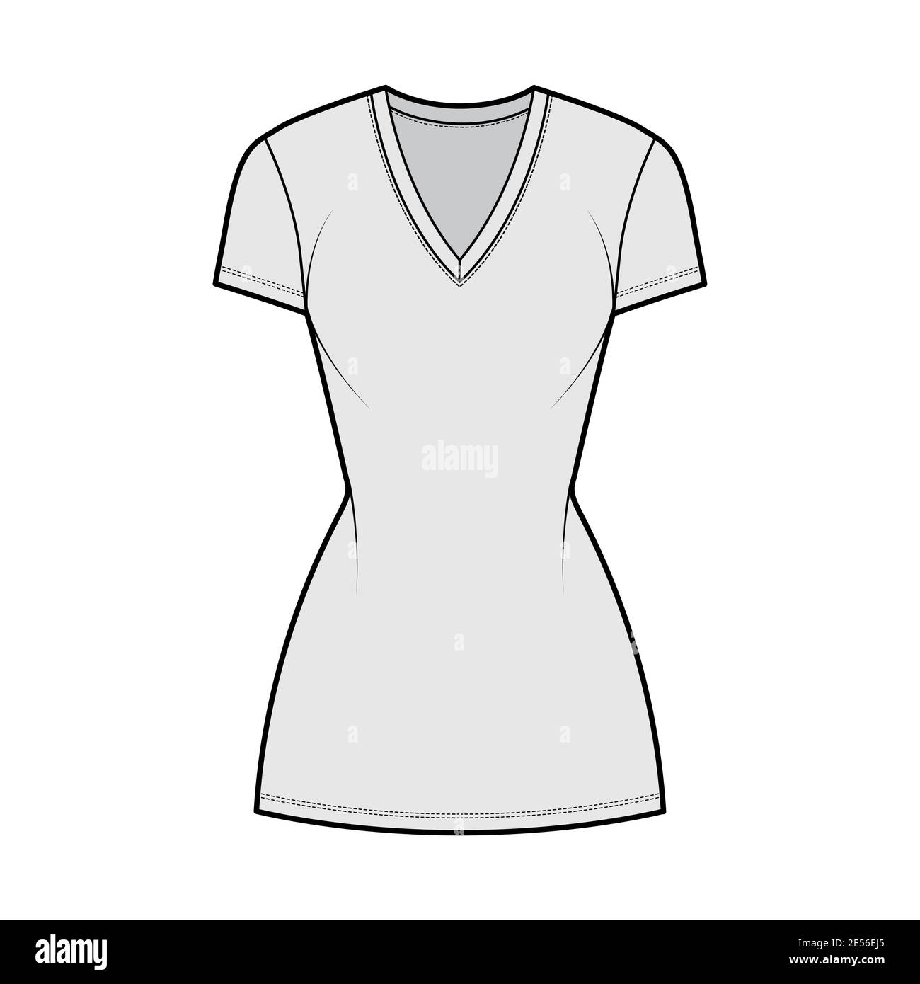 T-shirt dress technical fashion illustration with V-neck, short sleeves, mini length, fitted body, Pencil fullness. Flat apparel template front, grey color. Women, men, unisex CAD mockup Stock Vector