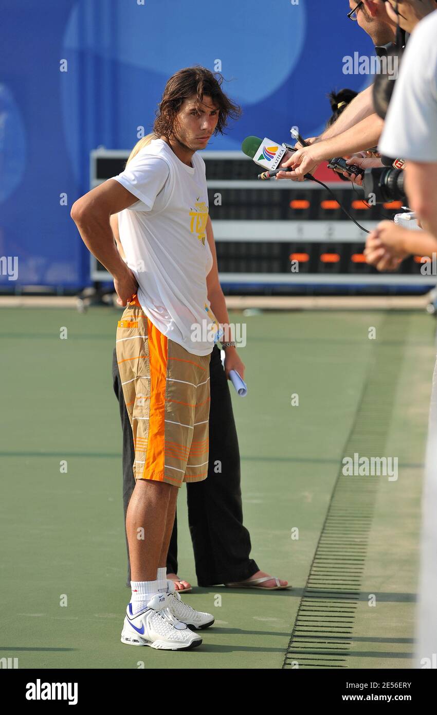 Spain's Tennis player Rafael Nadal during a training session at an Olympic  Green tennis court in Beijing on August 5, 2008. Three days before the  opening of the 2008 Beijing Olympic Games.