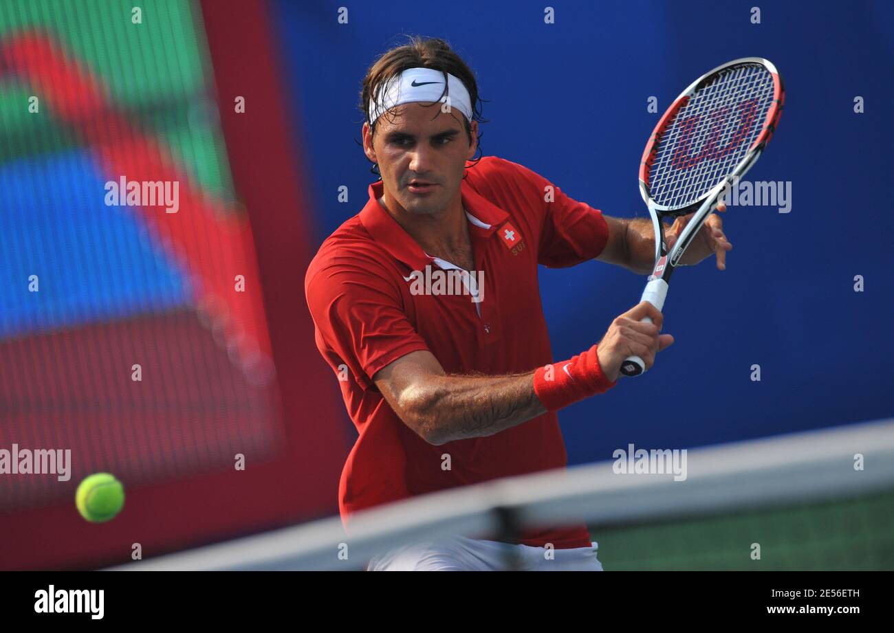 Switzerland's Tennis player Roger Federer during a training session at  Beijing Olympic Green tennis center in Beijing, China on August 5, 2008.  Three days before the opening of the 2008 Beijing Olympic