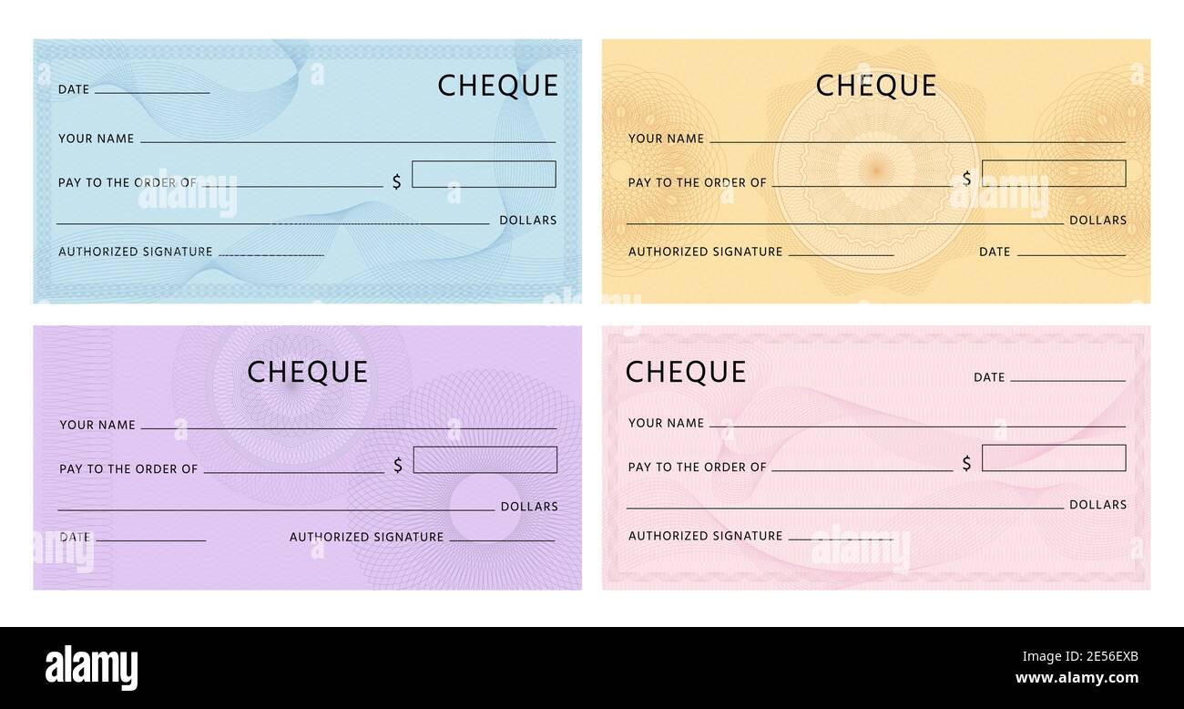 Cheque with guilloche. Bank chequebook template. Blank mockup for banknote voucher with spirograph watermark and abstract pattern vector set Stock Vector