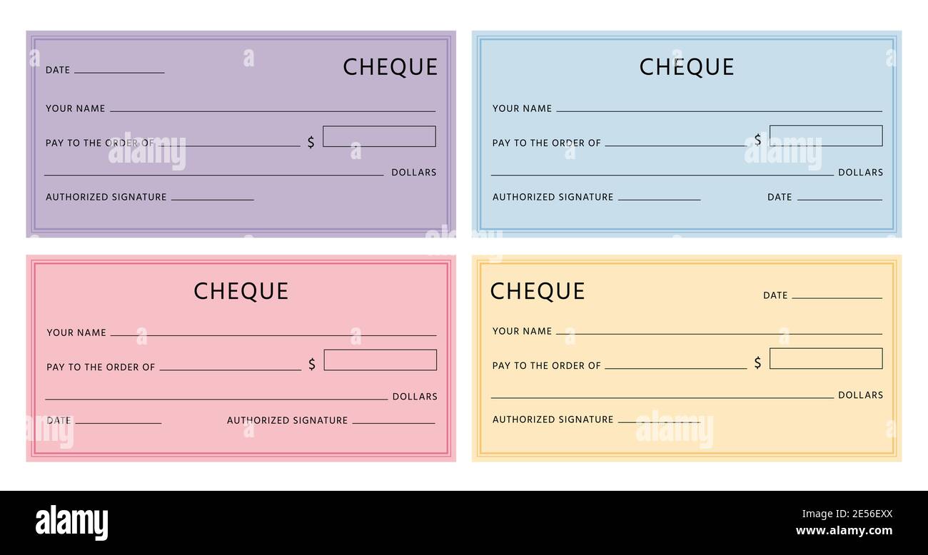 Cheque template. Blank checkbook pages mockups with empty fields. Bank check designs with borders. Colorful fake voucher cheques vector set Stock Vector