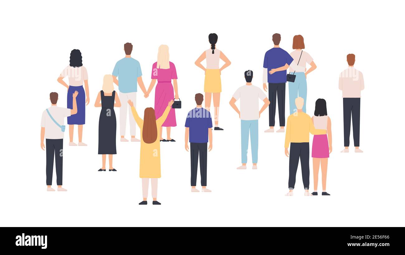Crowd standing back view. Group of people from behind. Men and women meeting and looking. Gathering public, team or audience vector concept Stock Vector