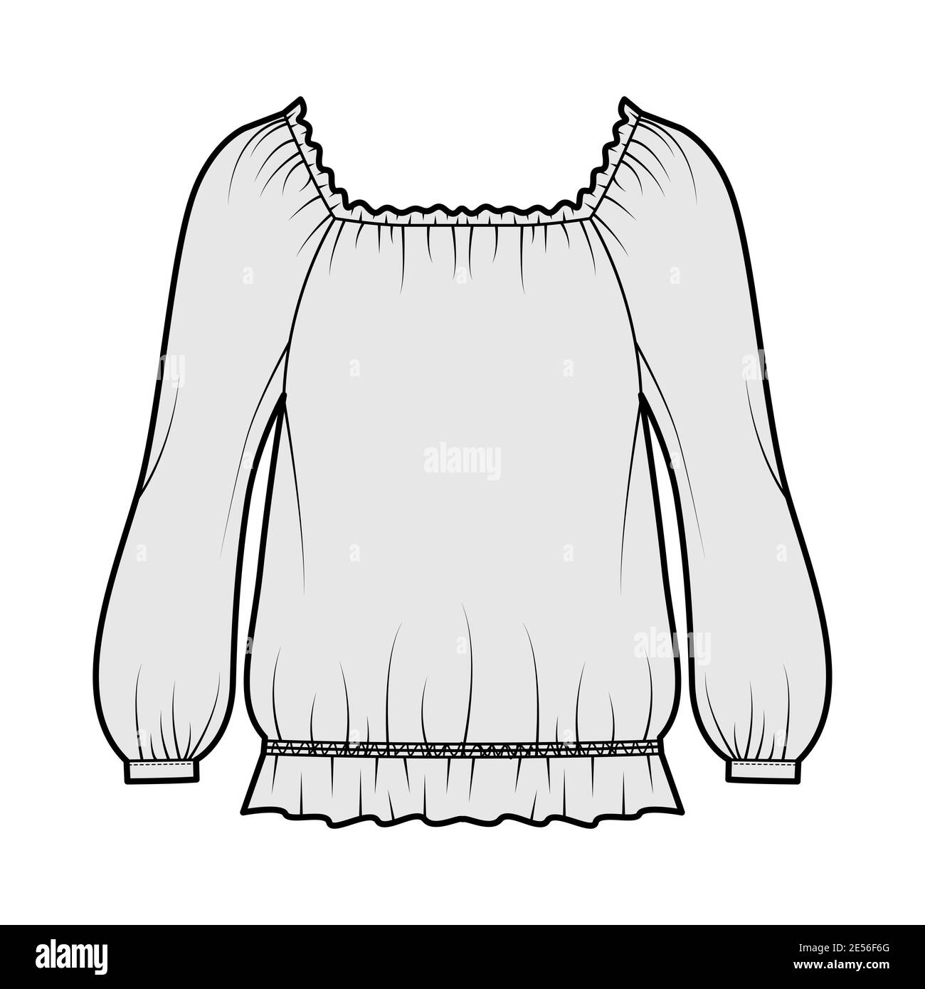 Peasant blouse technical fashion illustration with bouffant long sleeves,  gathered wide scoop and hem, oversized. Flat shirt apparel top template  front, grey color. Women men unisex CAD mockup Stock Vector Image &