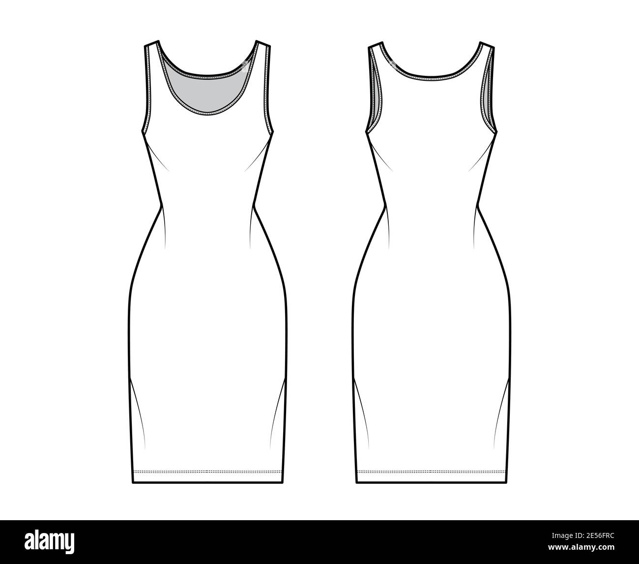 Tank dress technical fashion illustration with scoop neck, straps, knee  length, fitted body, Pencil fullness. Flat apparel template front, back,  white color. Women, men, unisex CAD mockup Stock Vector Image & Art -