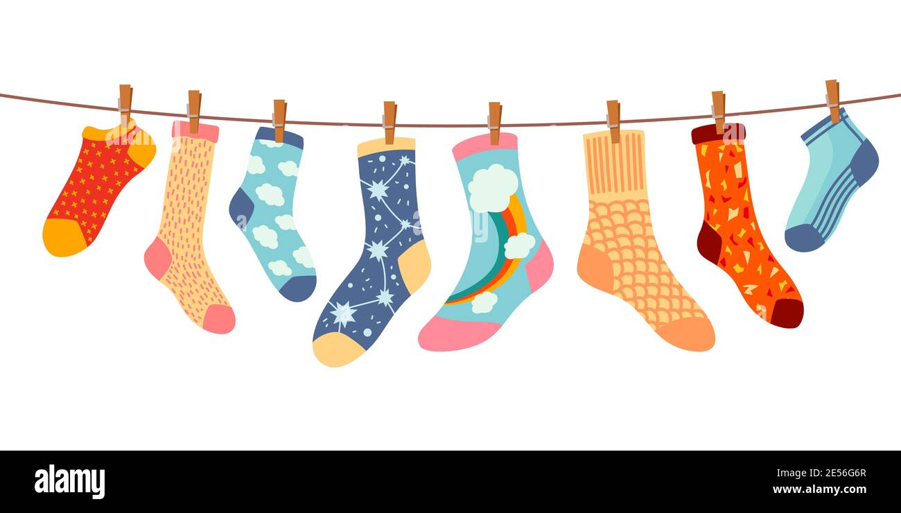 Socks on rope. Cotton or wool sock dry and hang on laundry string with clothespins. Children socks with textures and patterns vector cartoon Stock Vector