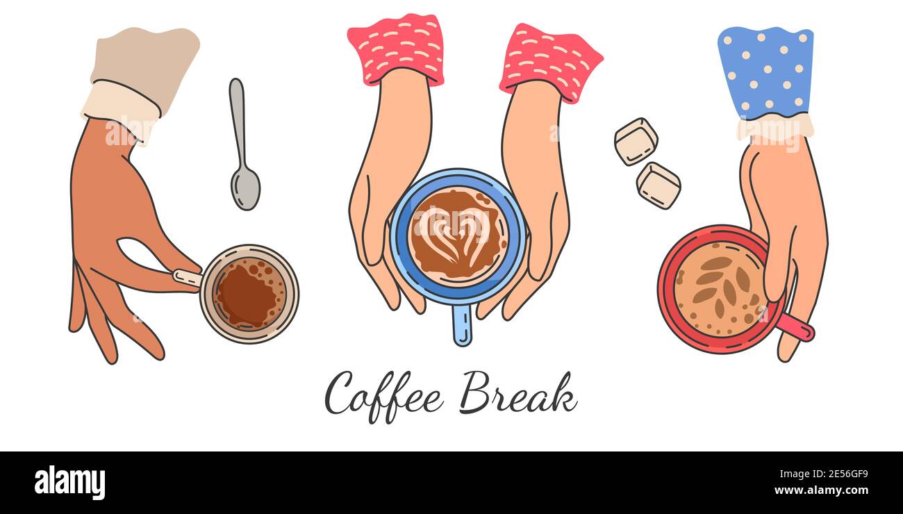 Hands holding coffee cups. Top view of female hand holds mug with hot morning drink, latte and espresso. Women friends meeting vector poster Stock Vector