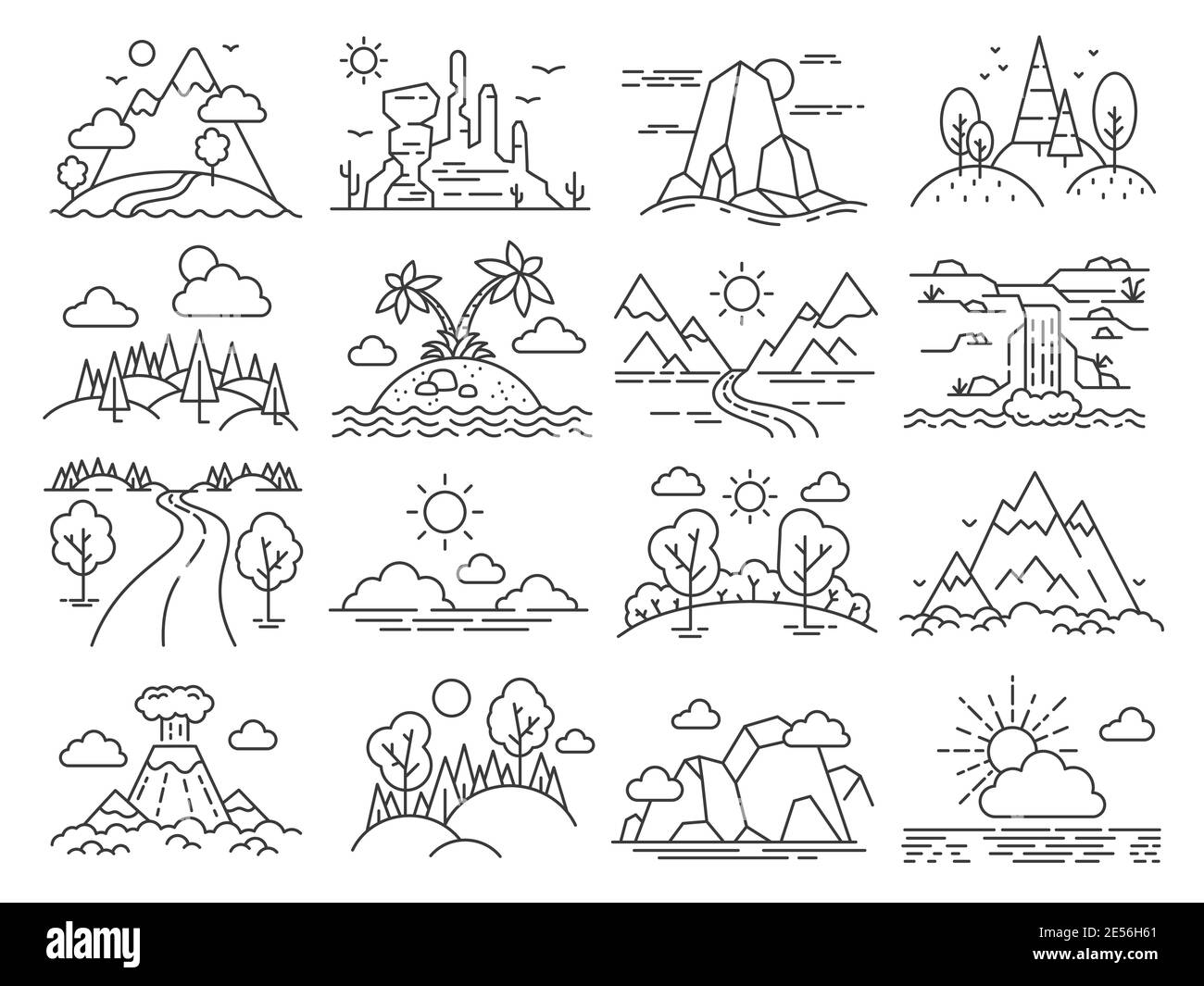 Line nature landscape. Forest trees, mountain, tropical sea island, desert and volcano. Outdoor adventure and hiking outline icon vector set Stock Vector