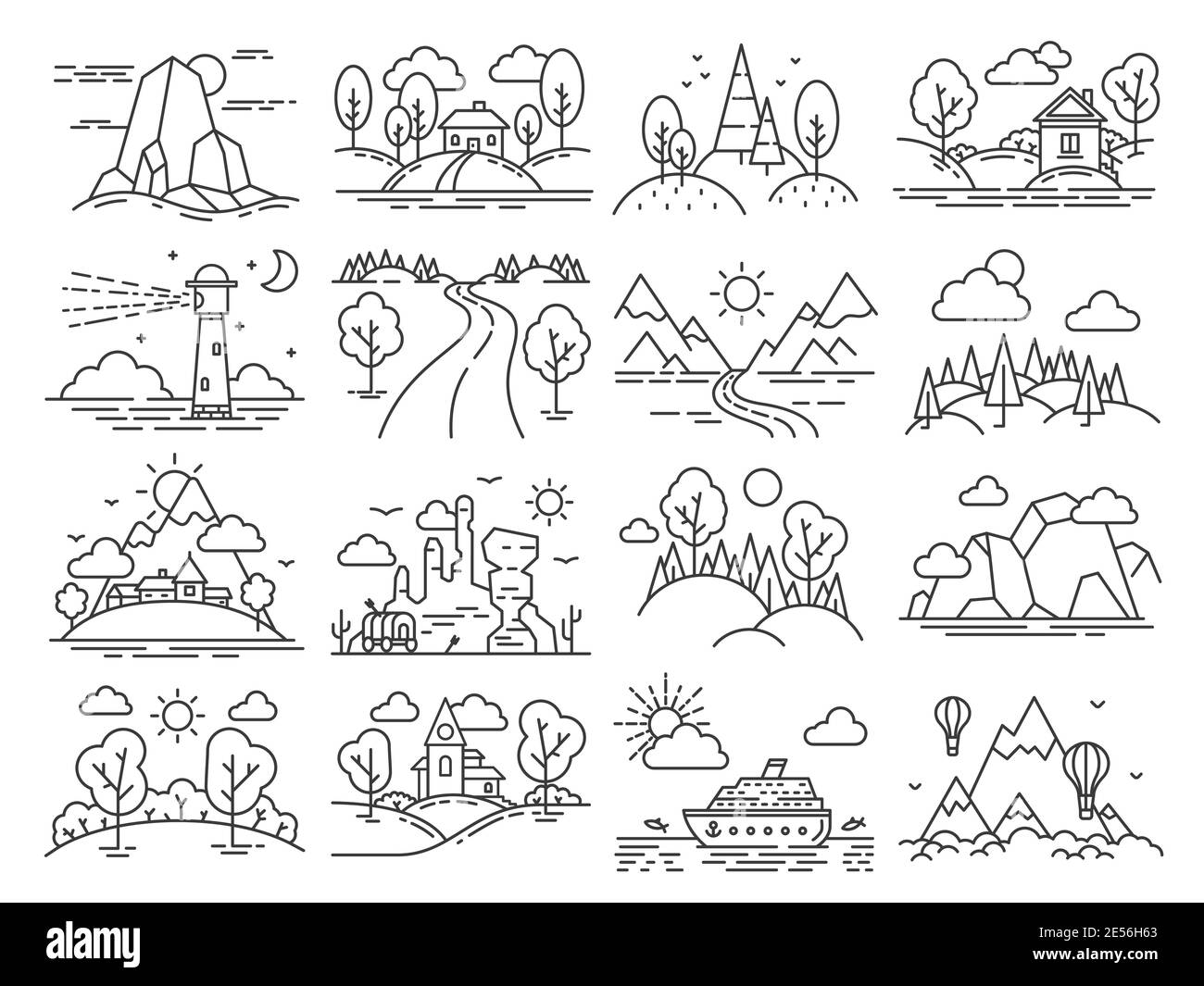 Line icon landscape. Outline cabin in forest, mountain, sea linear, air balloons in sky and lighthouse. Nature and country tourism vector set Stock Vector