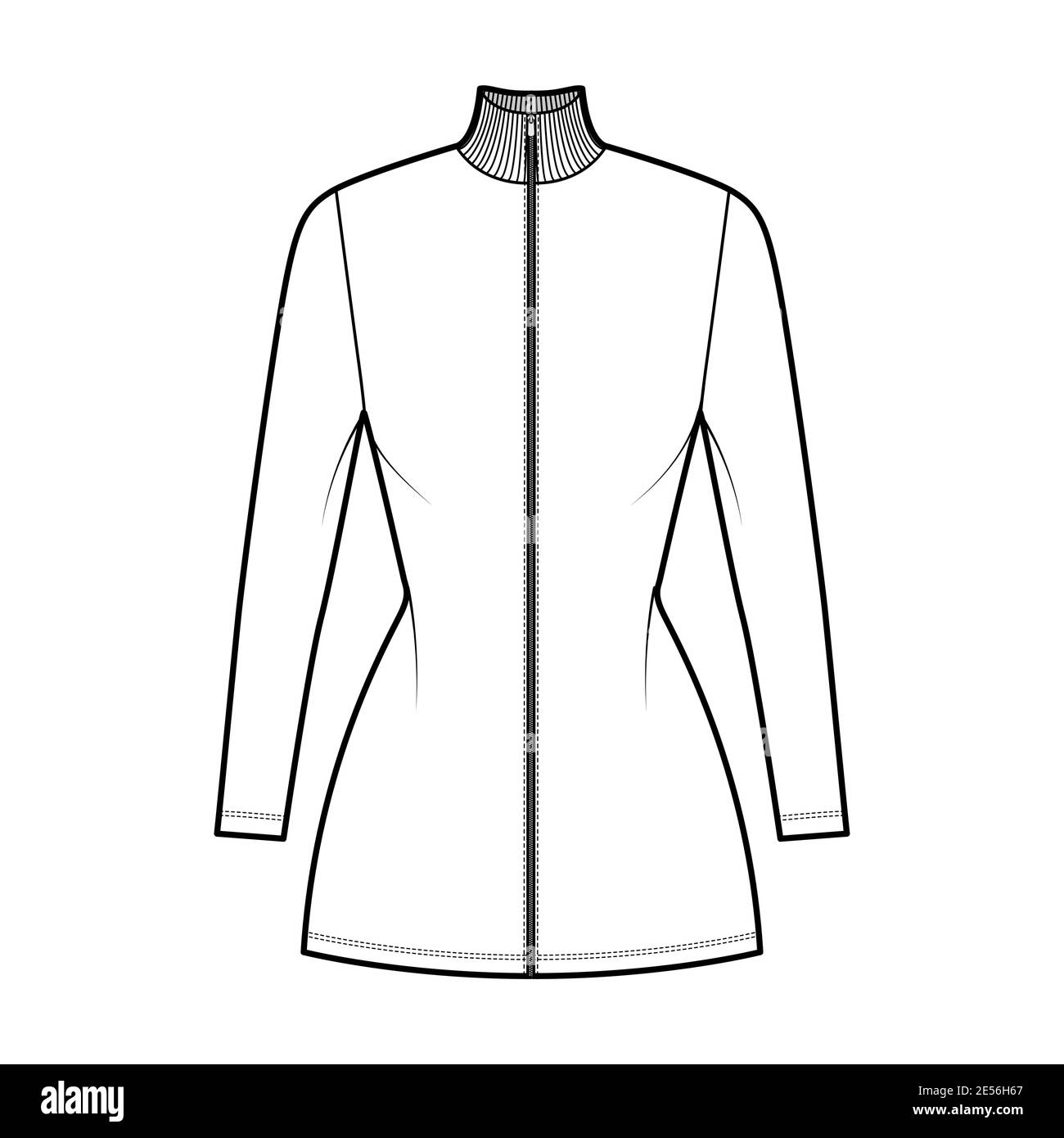 Turtleneck zip-up dress technical fashion illustration with short sleeves, mini length, fitted body, Pencil fullness. Flat apparel template front, white color. Women, men unisex CAD mockup Stock Vector