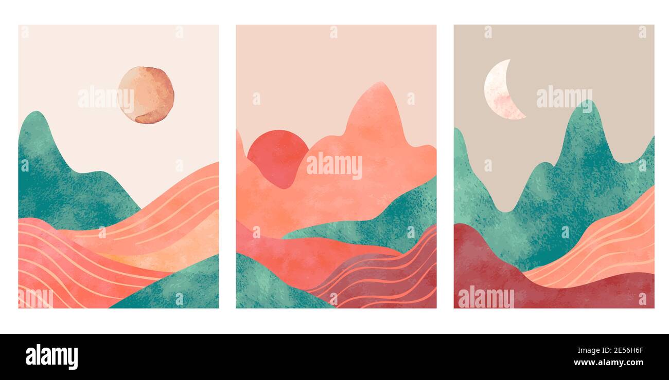 Abstract mountains. Aesthetic minimalist landscape with desert, mountain an sun or moon. Watercolor and paper textured print, vector posters Stock Vector