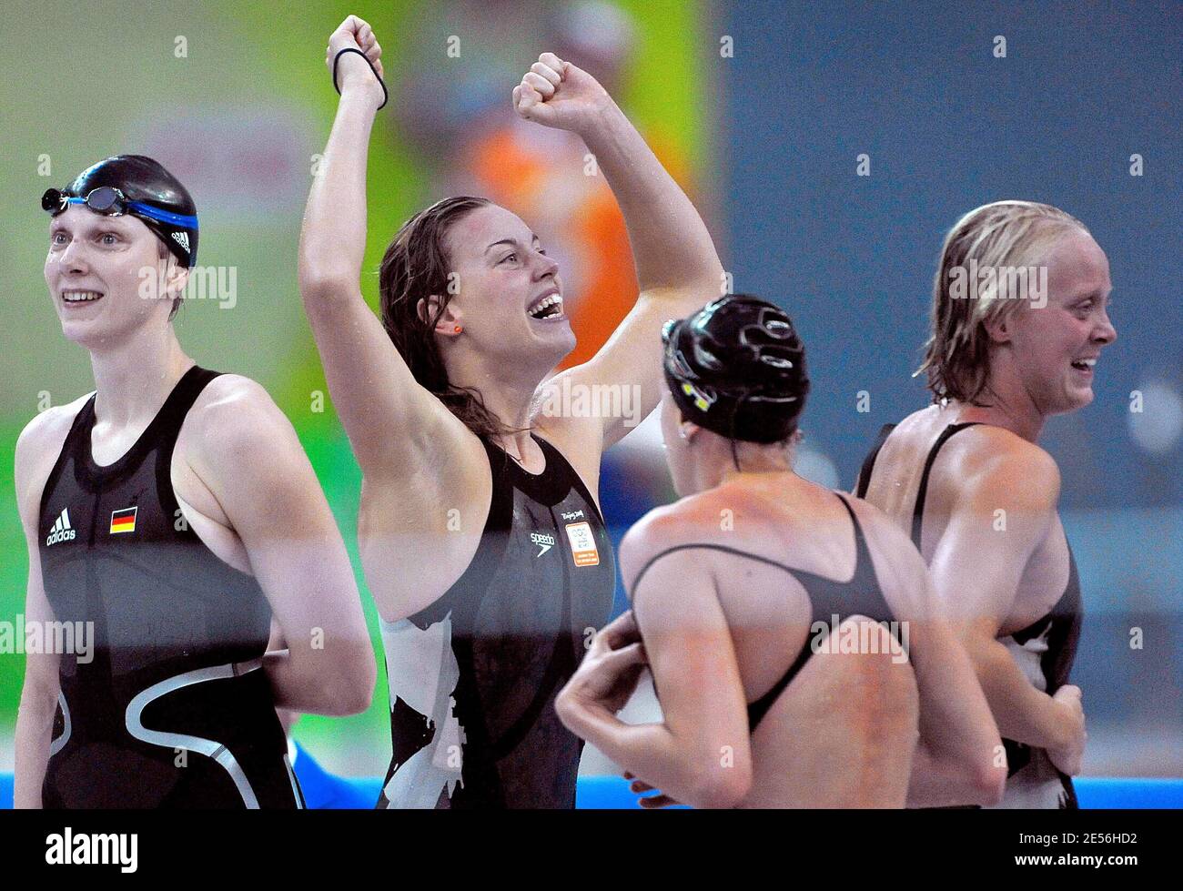 Netherland's women's 4x100m Relay team celebrate during the XXIX Olympiad at the National Aquatics Center in Beijing, China on August 10, 2008. Photo by Jing Min/Cameleon/ABACAPRESS.COM Stock Photo