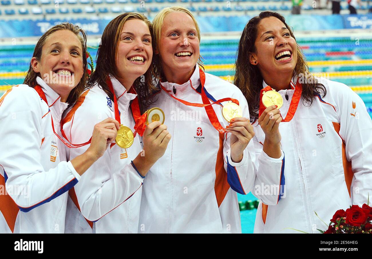 Netherland's women's 4x100m Relay team celebrate with their gold medals during the XXIX Olympiad at the National Aquatics Center in Beijing, China on August 10, 2008. Photo by Jing Min/Cameleon/ABACAPRESS.COM Stock Photo