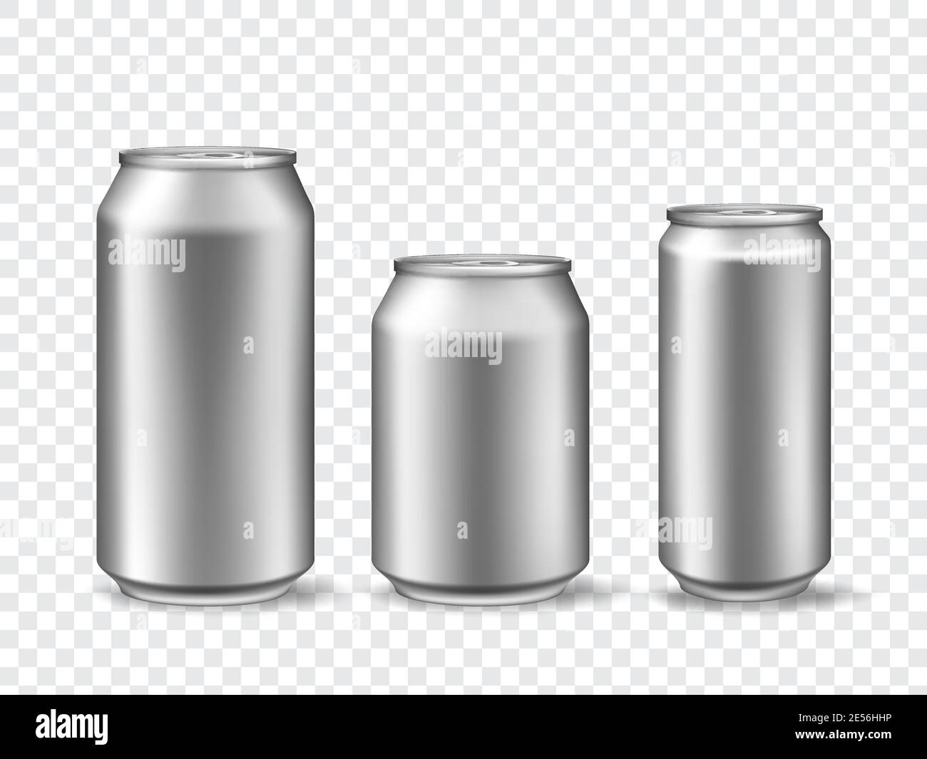 3d aluminum cans. Realistic can mockups in 3 size. Metallic tin for beer, juice, soda drink or lemonade. Canned beverage vector template set Stock Vector