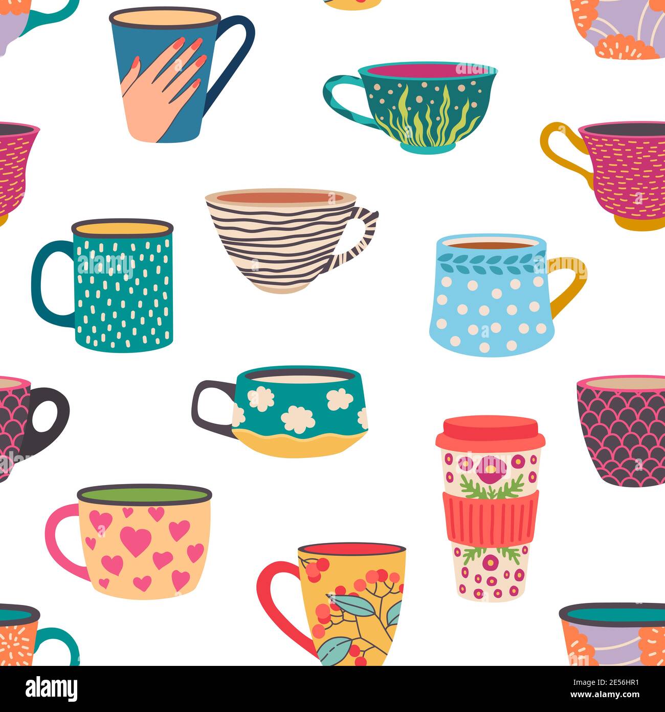 Coffee mug seamless pattern. Trendy hand drawn tea cups with ornaments and  flowers. Cozy cafe hot drinks in mugs wallpaper vector texture Stock Vector  Image & Art - Alamy
