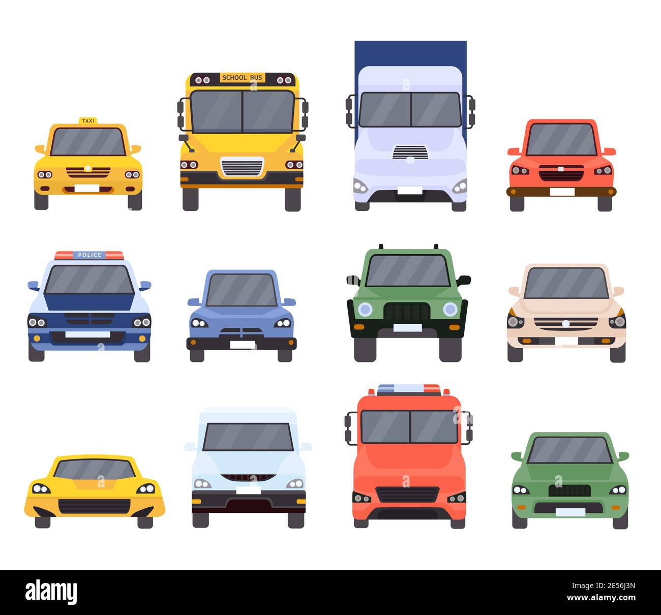 Cars front view. Flat urban vehicles taxi, police, delivery service, school bus, van, truck and sport vehicle. Cartoon car model vector set Stock Vector