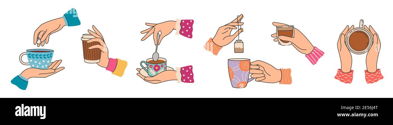 Hands holding tea cups. Elegant woman hand with mug with coffee or cacao, brew tea bag. Breakfast hot drinks and beverage, trendy vector set Stock Vector