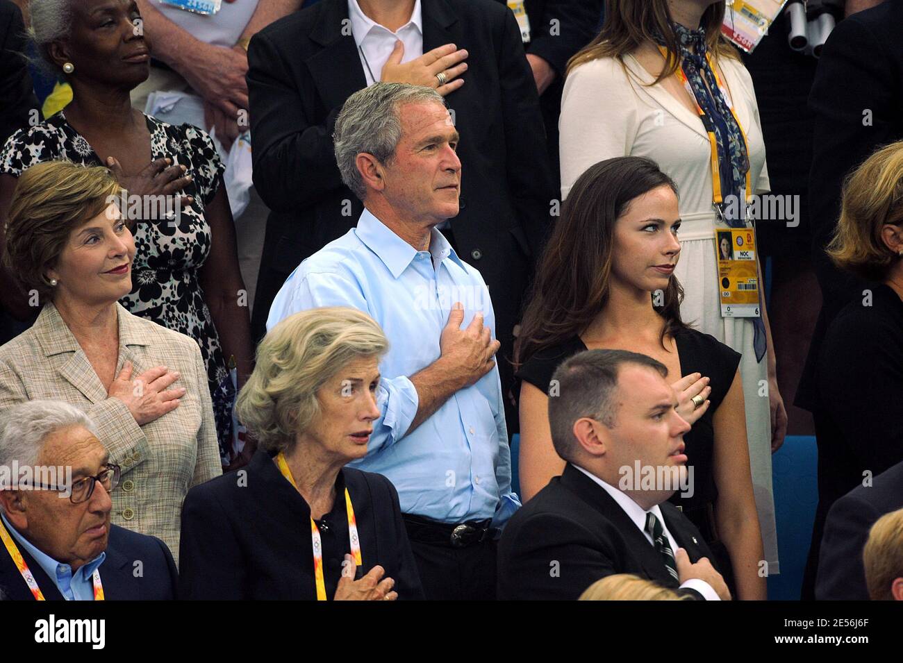 US president George W Bush, his wife Laura, Daughter Barbara and US Former President George H.W.Bush at the swimming finals at the Olympic National aquatic center day 2 of the XXIX Olympic games in Beijing, China on August 10, 2008. Photo by Gouhier-Hahn-Nebinger/Cameleon/ABACAPRESS.COM Stock Photo