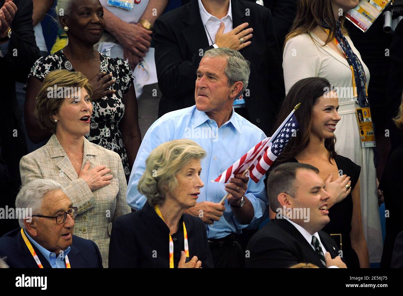 US president George W Bush, his wife Laura, Daughter Barbara and US Former President George H.W.Bush at the swimming finals at the Olympic National aquatic center day 2 of the XXIX Olympic games in Beijing, China on August 10, 2008. Photo by Gouhier-Hahn-Nebinger/Cameleon/ABACAPRESS.COM Stock Photo