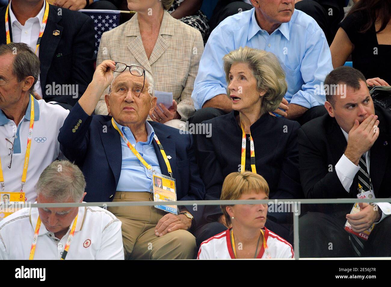 Former National Security Advisor and Secretary of State Henry Kissinger and wife Nancy attend the swimming finals at the Olympic National aquatic center day 2 of the XXIX Olympic games in Beijing, China on August 10, 2008. Photo by Gouhier-Hahn-Nebinger/Cameleon/ABACAPRESS.COM Stock Photo