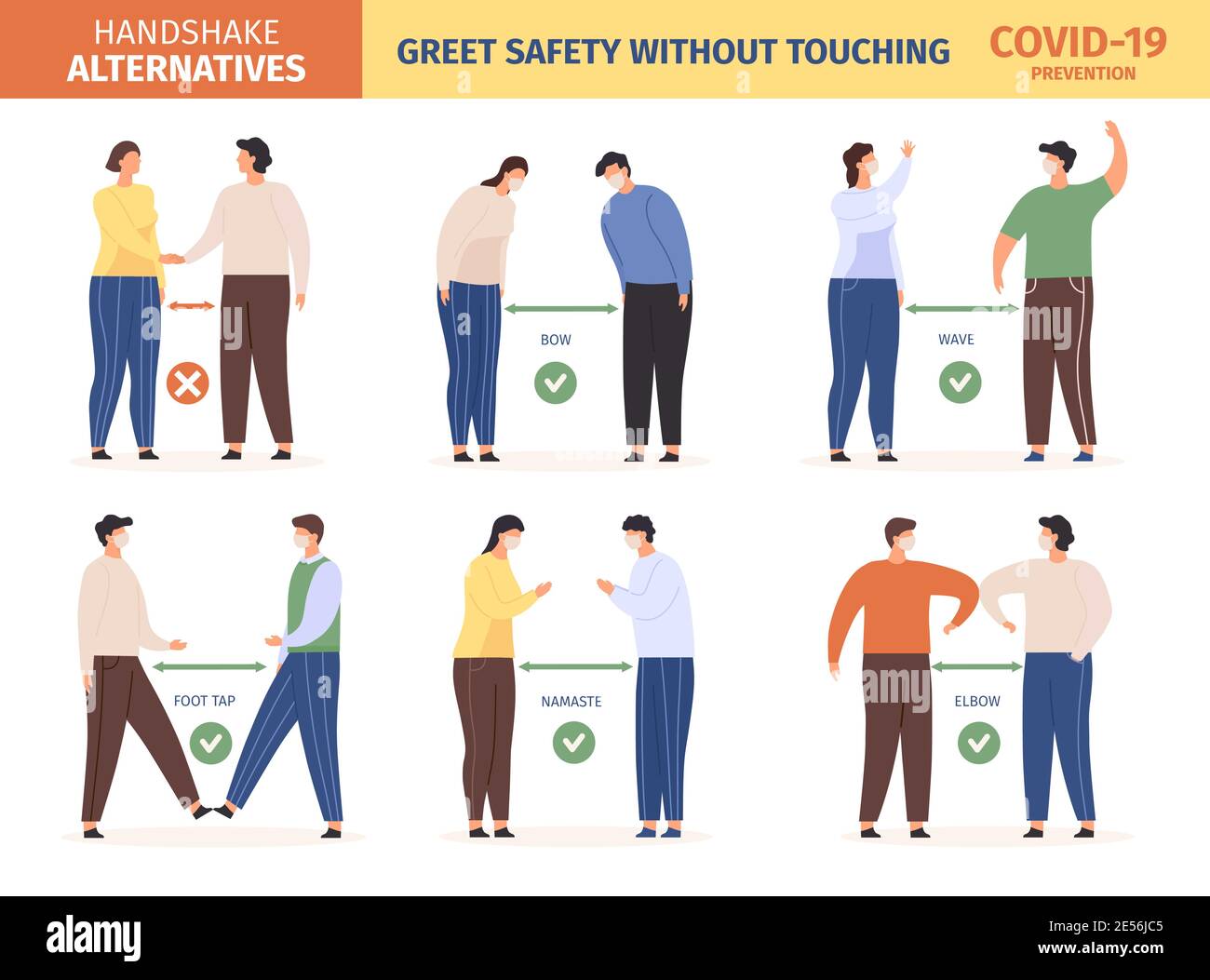 Safe greeting. People in masks keep social distance and use alternative greet, stop spread coronavirus. Avoid handshake vector infographic Stock Vector