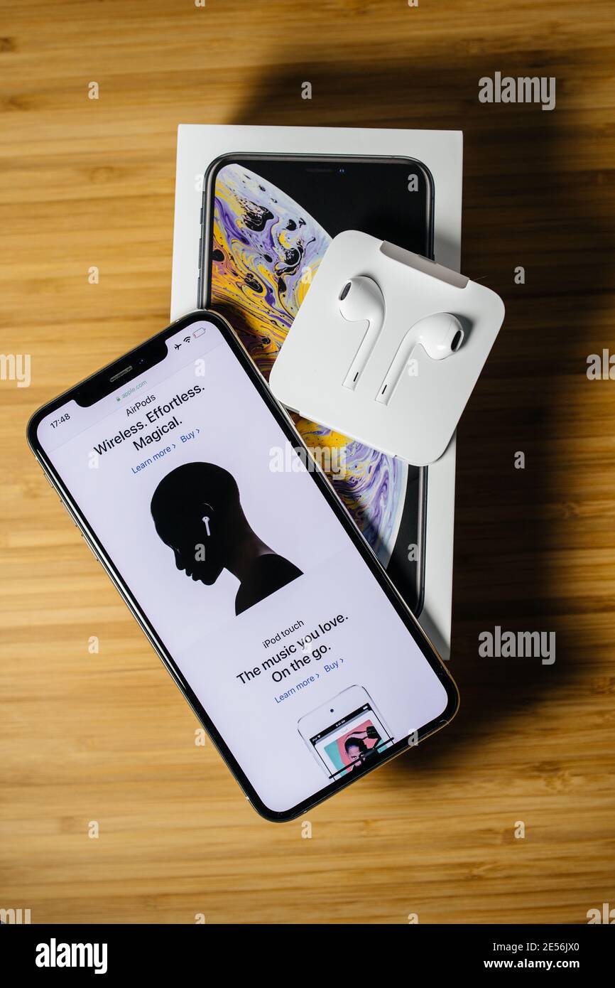 Paris, France - Oct 2, 2018: Unboxing of latest Apple Computers iphone  smartphone with Face ID featuring