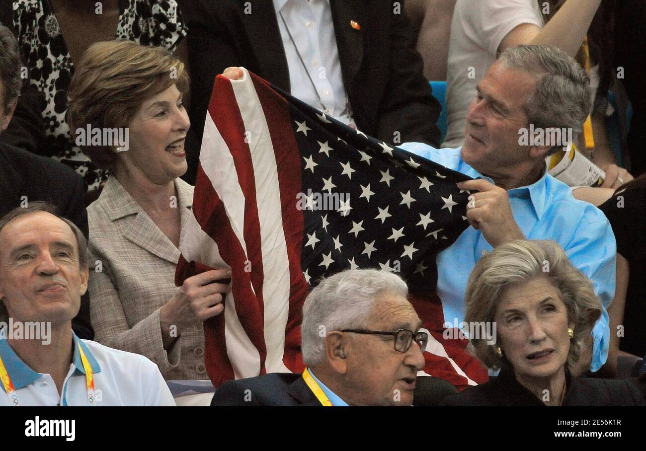 US President George W Bush, his wife Laura and former National Security Advisor and Secretary of State Henry Kissinger and wife Nancy (first range) attend the Swimming Finals during the XXIX Olympiad at the National Aquatics Center in Beijing, China on August 10, 2008. Photo by Jing Min/Cameleon/ABACAPRESS.COM Stock Photo