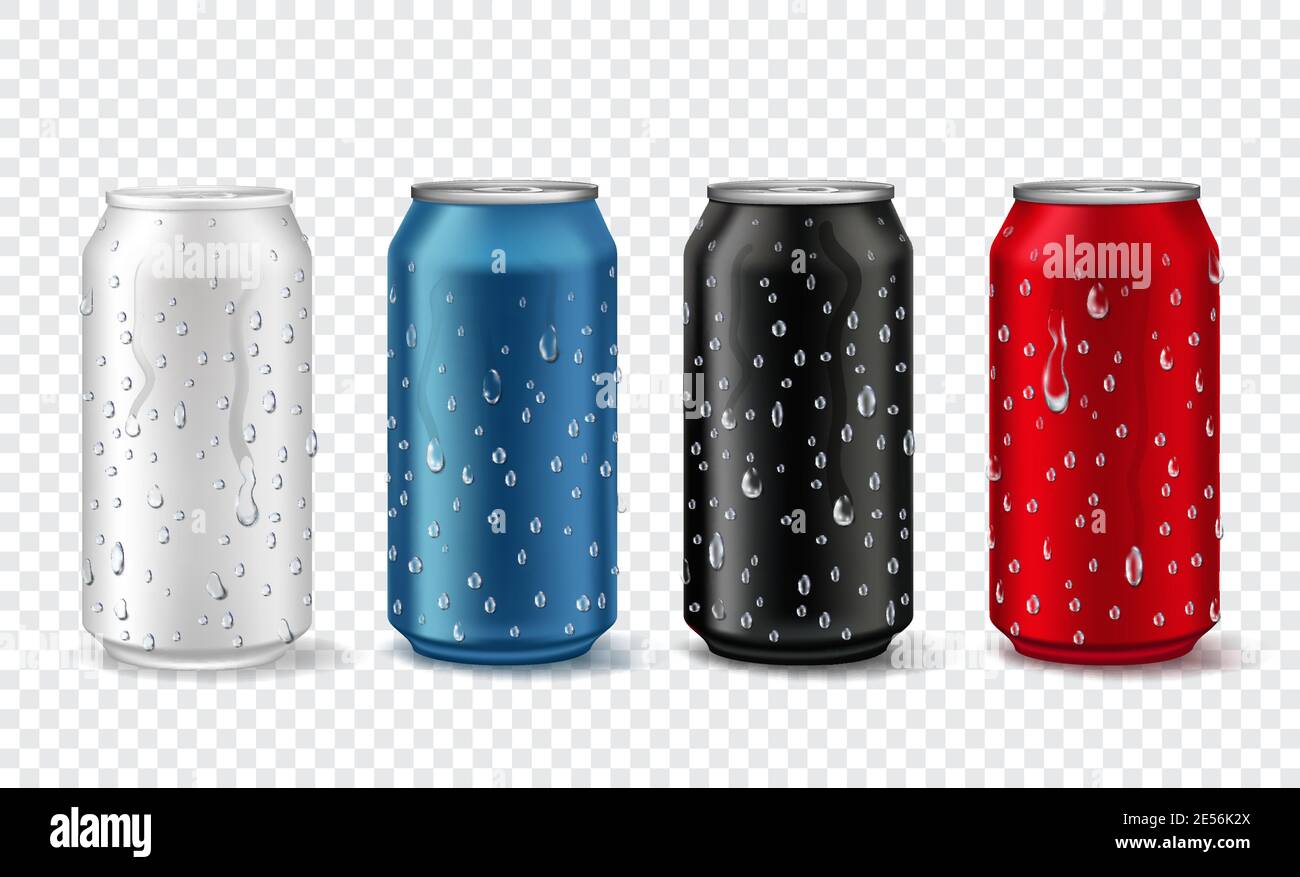 Download Metal Cans With Drops Realistic Aluminium Can Mockup In White Red Blue And Black Color Soda Or Beer Package With Condensation Vector Set Stock Vector Image Art Alamy