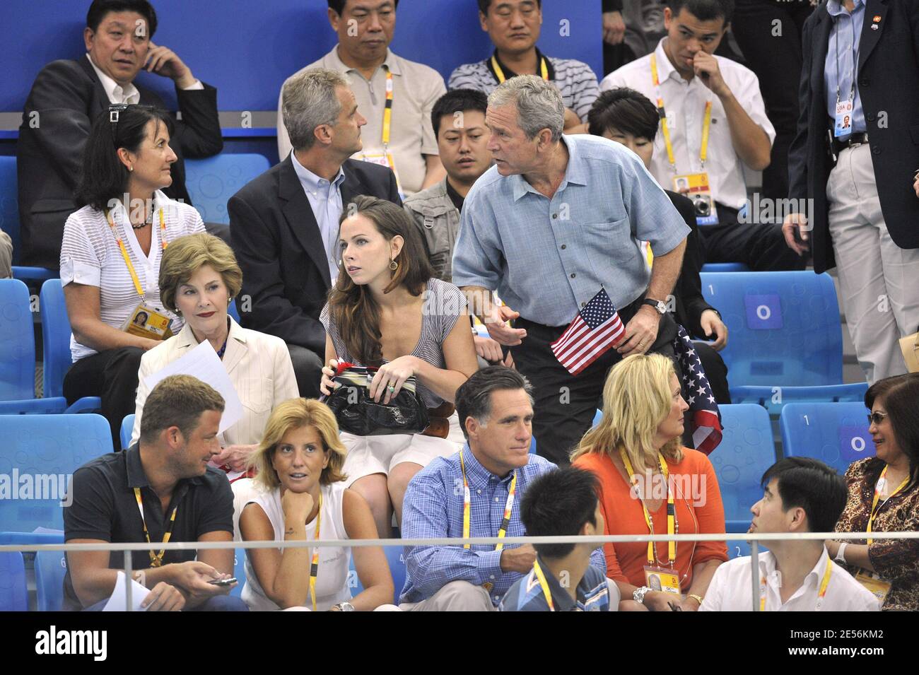 US president George W Bush, his wife Laura and Daughter Barbara atttend the Swimming Finals day 3 of the XXIX Olympic games at the Olympic National aquatic center in Beijing, China on August 11, 2008. Photo by Gouhier-Hahn-Nebinger/Cameleon/ABACAPRESS.COM Stock Photo