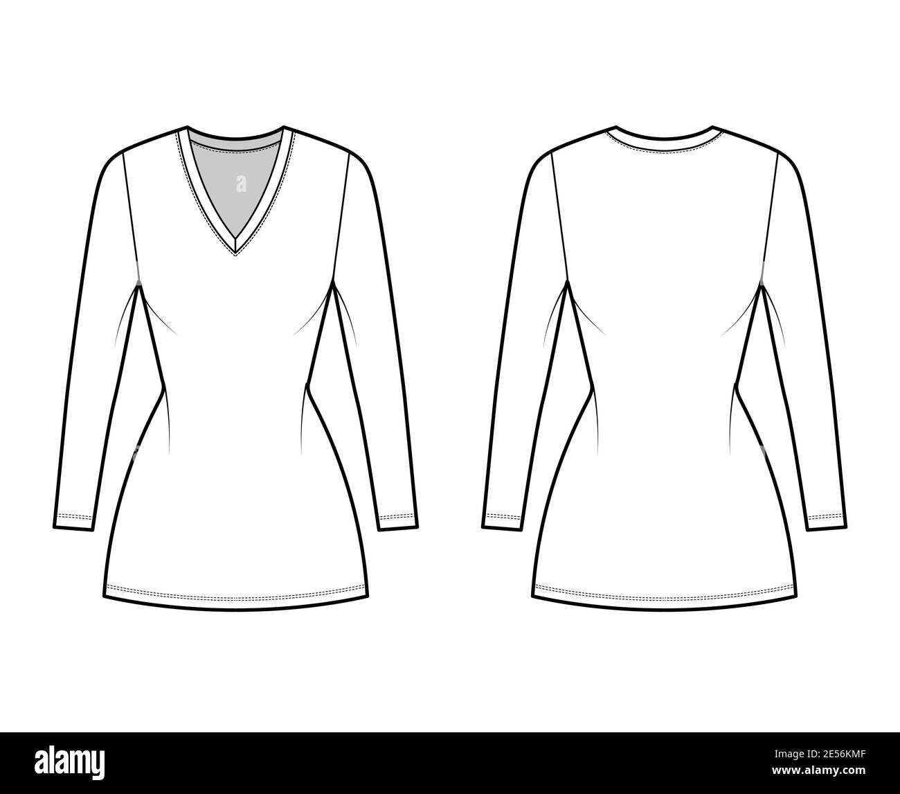 T-shirt dress technical fashion illustration with V-neck, long sleeves, mini length, fitted body, Pencil fullness. Flat apparel template front, back, white color. Women, men, unisex CAD mockup Stock Vector