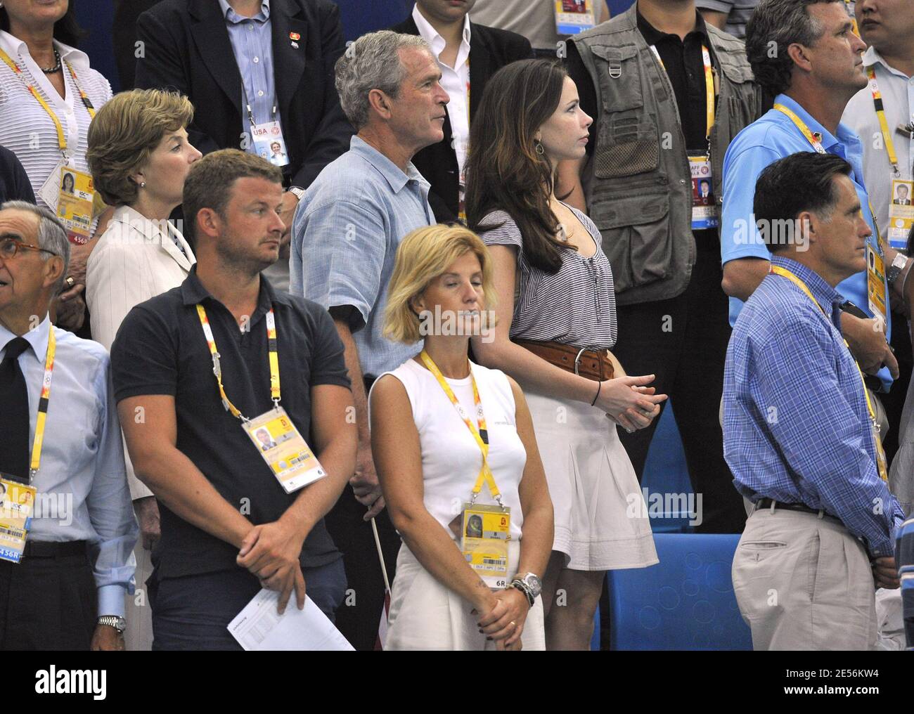 US president George W Bush, his wife Laura and Daughter Barbara atttend the Swimming Finals day 3 of the XXIX Olympic games at the Olympic National aquatic center in Beijing, China on August 11, 2008. Photo by Gouhier-Hahn-Nebinger/Cameleon/ABACAPRESS.COM Stock Photo