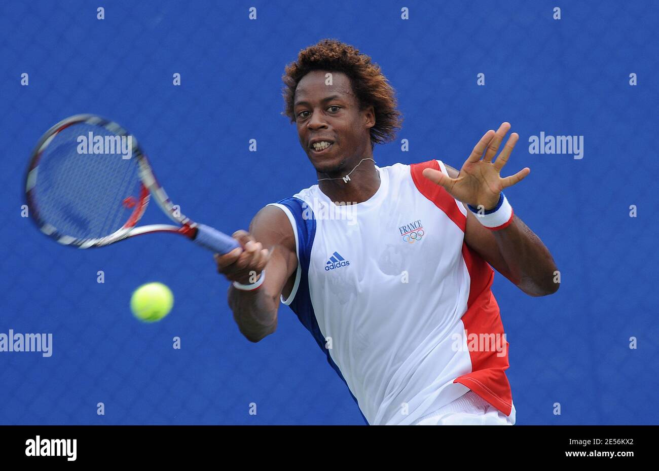 France's Gael Monfils defeats, 6-4, 3-6, 6-3, Spain's Nicolas Almagro in  their first round at the XXIX Olympic games at the Olympic Green Tennis  Center in Beijing, China on August 11, 2008.