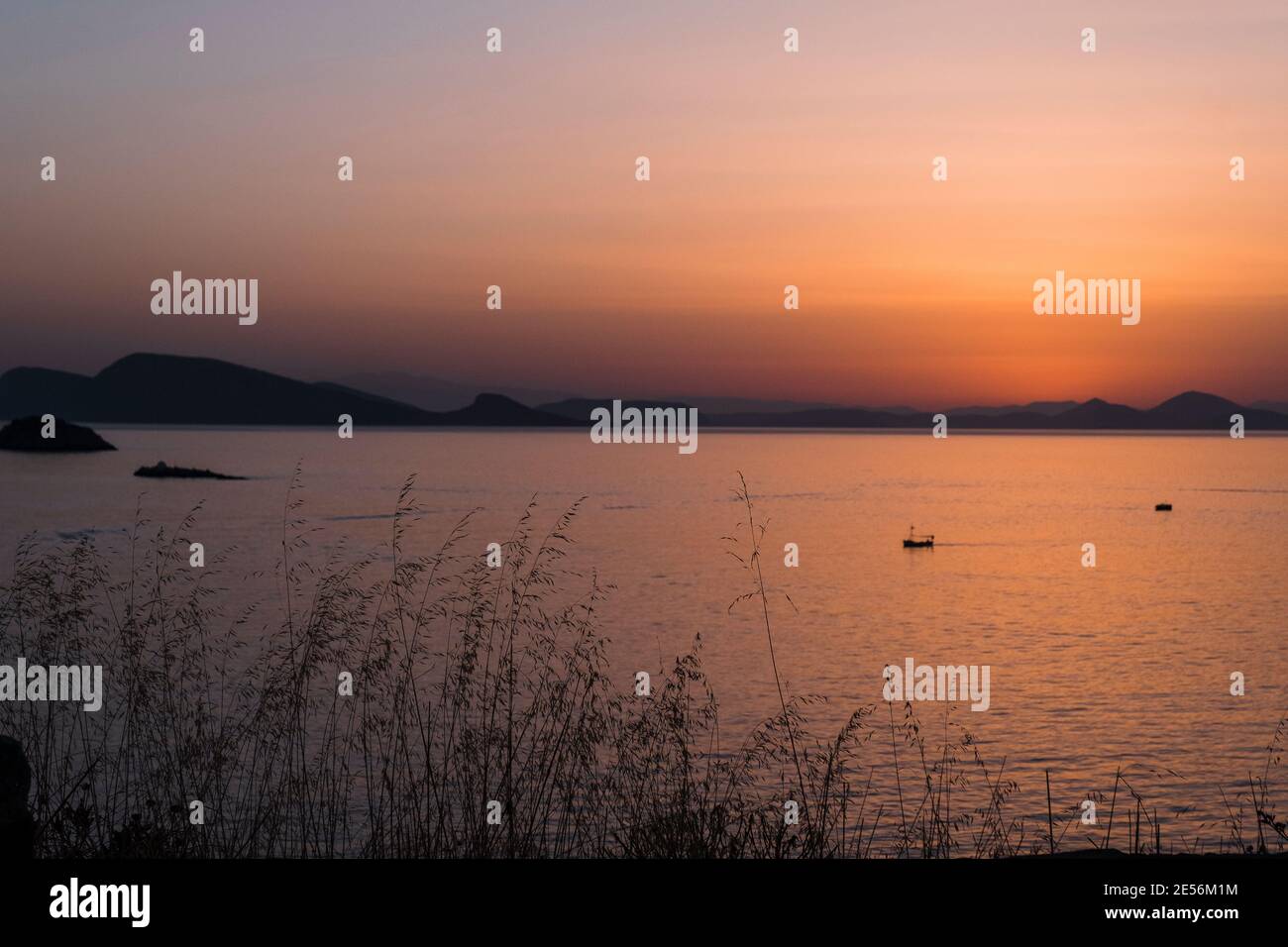 The sunset view from Hydra Island. Stock Photo