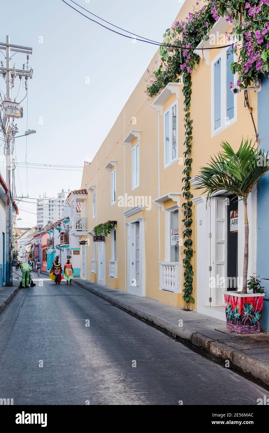 One of the colourful streets in Cartagena Old Town. Stock Photo