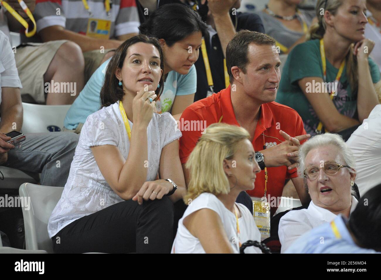 Princess Dona Pilar of Borbon with her son Bruno Gomez Acebo of Borbon and his girlfriend Barbara Cano De La Plaza watch the match Spain's Rafael Nadal against Australia's Lleyton Hewitt a men's singles second round tennis match for the 2008 Beijing Olympic Games on August 12, 2008. Photo by Gouhier/Hahn/Nebinger/ABACAPRESS.COM Stock Photo