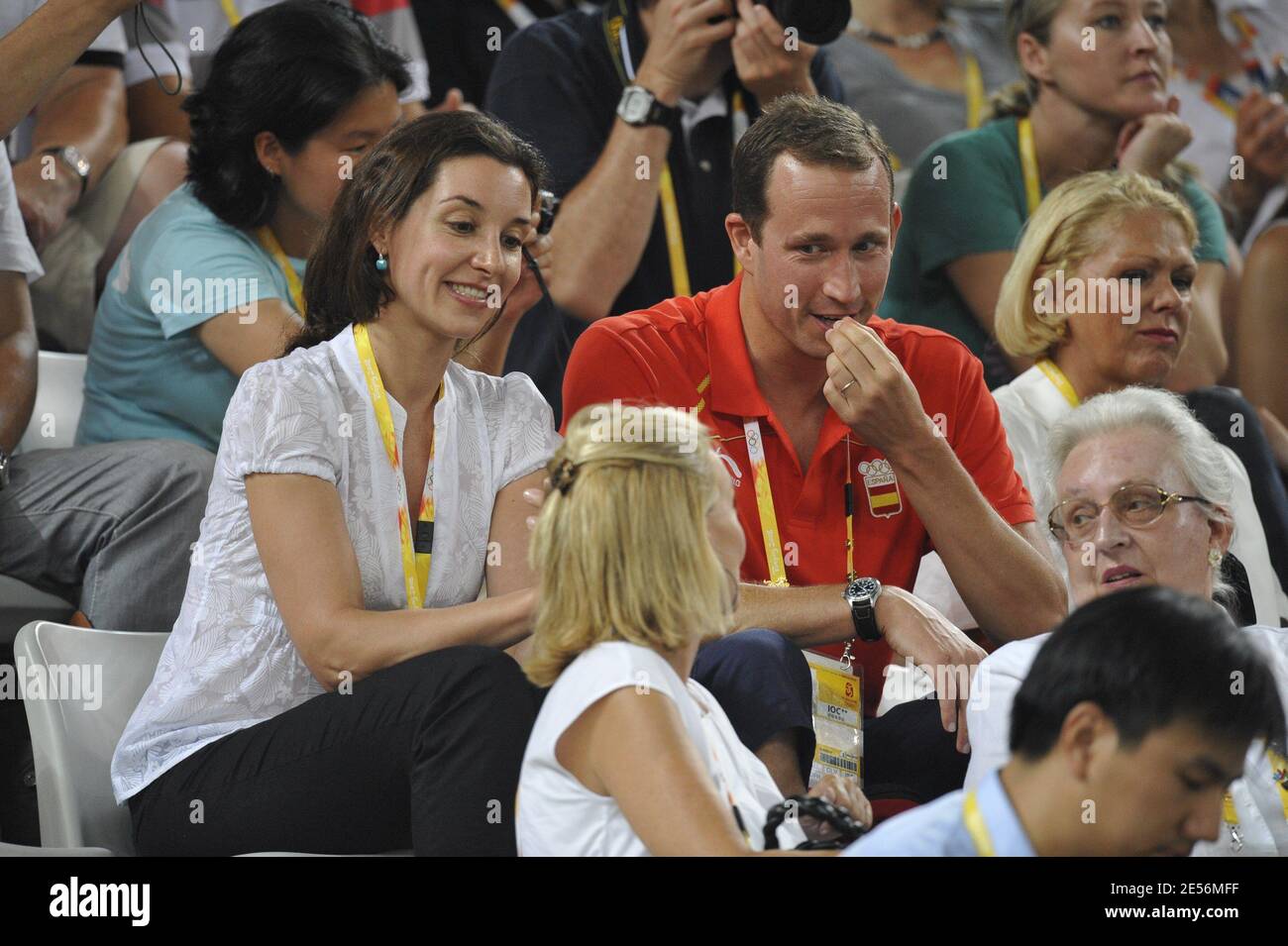 Princess Dona Pilar of Borbon with her son Bruno Gomez Acebo of Borbon and his girlfriend Barbara Cano De La Plaza watch the match Spain's Rafael Nadal against Australia's Lleyton Hewitt a men's singles second round tennis match for the 2008 Beijing Olympic Games on August 12, 2008. Photo by Gouhier/Hahn/Nebinger/ABACAPRESS.COM Stock Photo