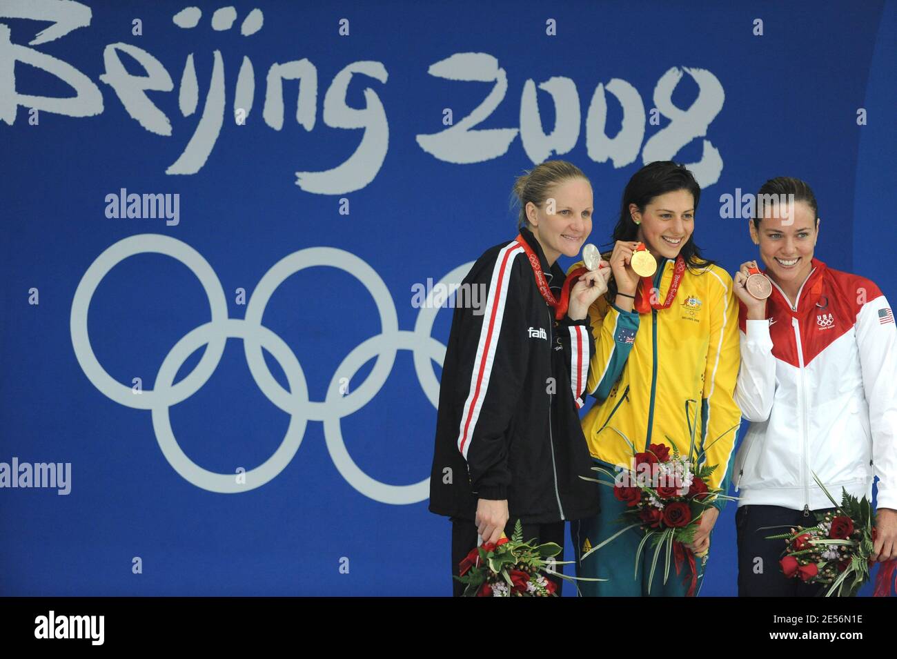 (L-R) Silver medalist Kirsty Coventry of Zimbabwe, gold medalist Stephanie Rice of Australia and bronze medalist Natalie Coughlin of the United States stand on the podium during the medal ceremony for the Women's 200m Individual Medley held at the National Aquatics Center on Day 5 of the Beijing 2008 Olympic Games on August 13, 2008 in Beijing, China. Photo by Gouhier-Hahn-Nebinger/Cameleon/ABACAPRESS.COM Stock Photo