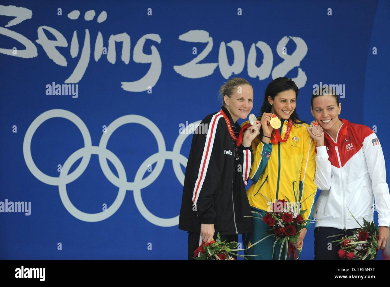 (L-R) Silver medalist Kirsty Coventry of Zimbabwe, gold medalist Stephanie Rice of Australia and bronze medalist Natalie Coughlin of the United States stand on the podium during the medal ceremony for the Women's 200m Individual Medley held at the National Aquatics Center on Day 5 of the Beijing 2008 Olympic Games on August 13, 2008 in Beijing, China. Photo by Gouhier-Hahn-Nebinger/Cameleon/ABACAPRESS.COM Stock Photo