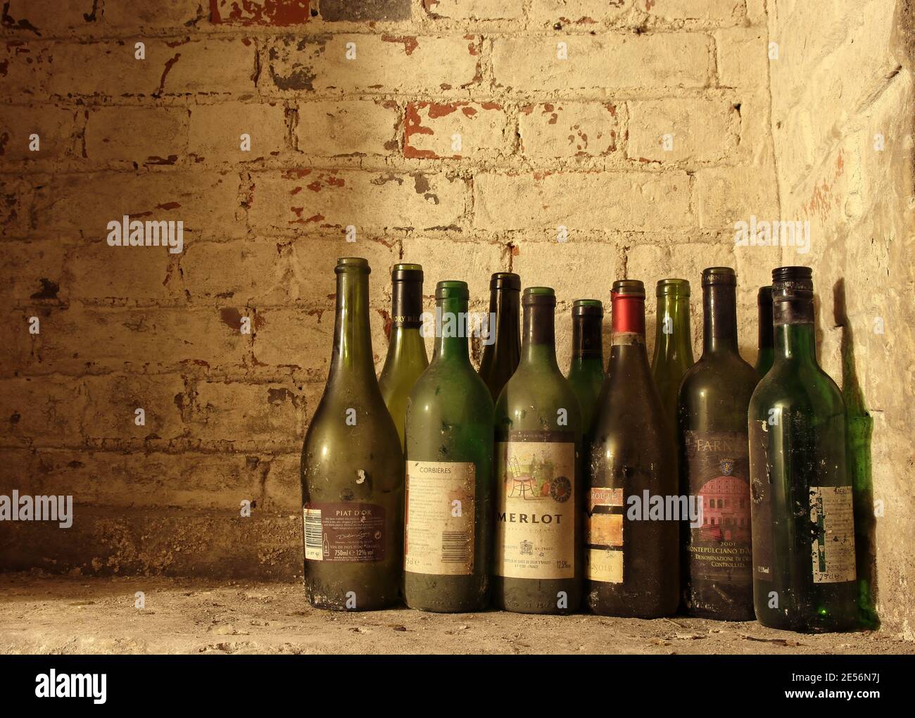 selection of old wine bottles in a cellar Stock Photo