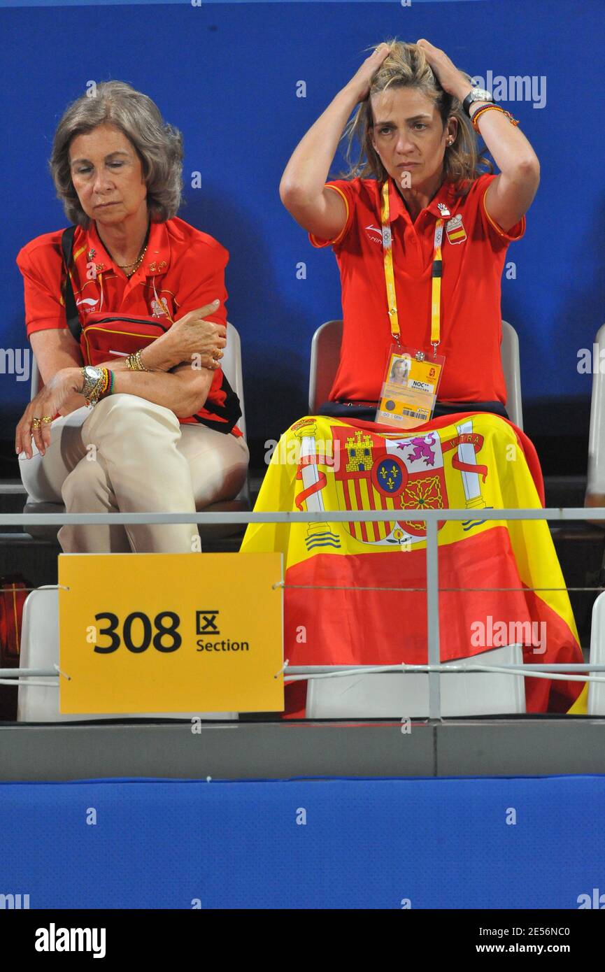 Spain's Queen Sofia, Princess Cristina of Spain with her husband Inaki Urdangarin support Ruano Pascual Virginia and Medina Garrigues Anabel during the Semi Final of Tennis at 2008 Beijing Olympic Games on August 16, 2008. Photo by Psaila/Nebinger/ABACAPRESS.COM Stock Photo