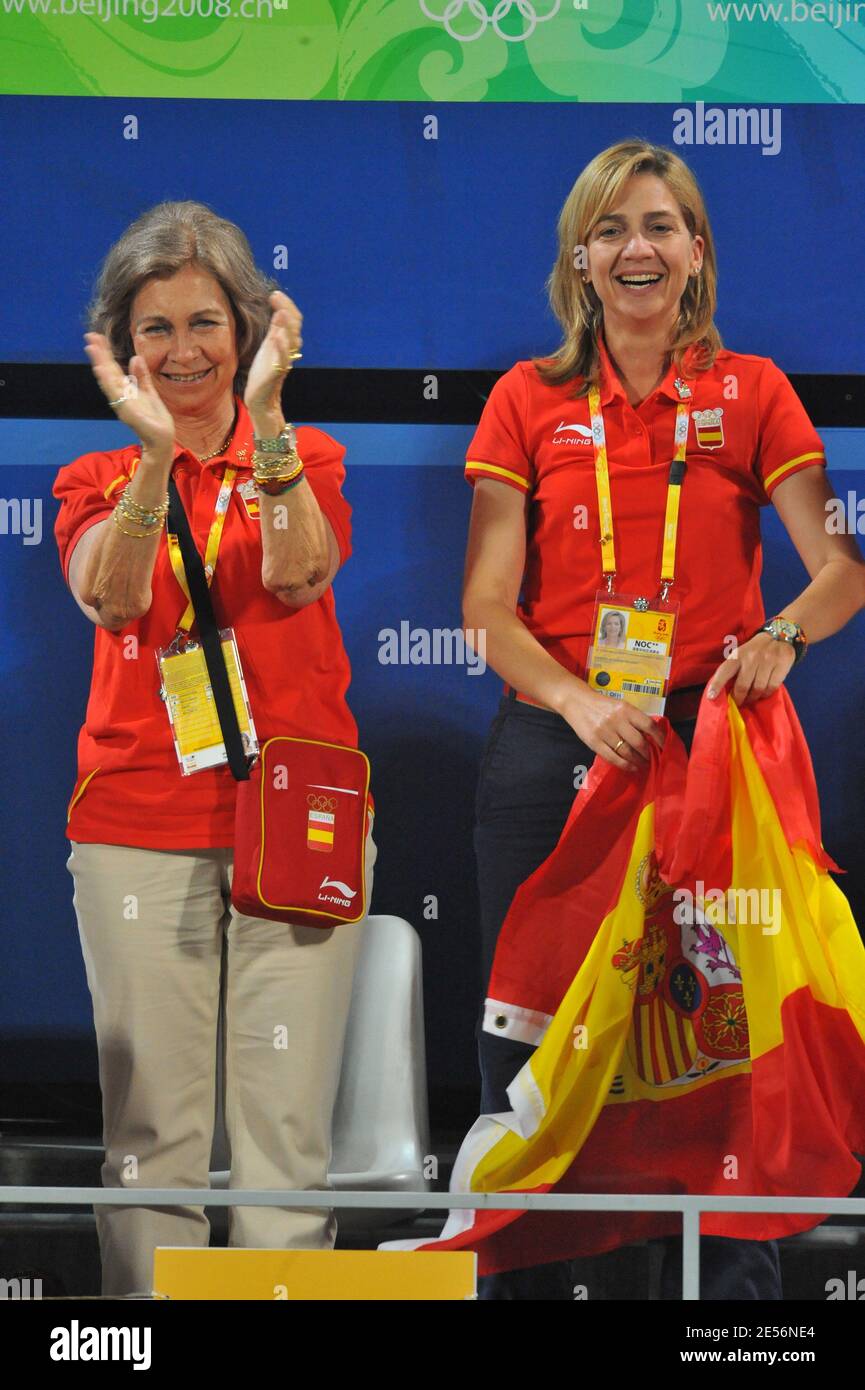 Spain's Queen Sofia, Princess Cristina of Spain with her husband Inaki Urdangarin support Ruano Pascual Virginia and Medina Garrigues Anabel during the Semi Final of Tennis at 2008 Beijing Olympic Games on August 16, 2008. Photo by Psaila/Nebinger/ABACAPRESS.COM Stock Photo