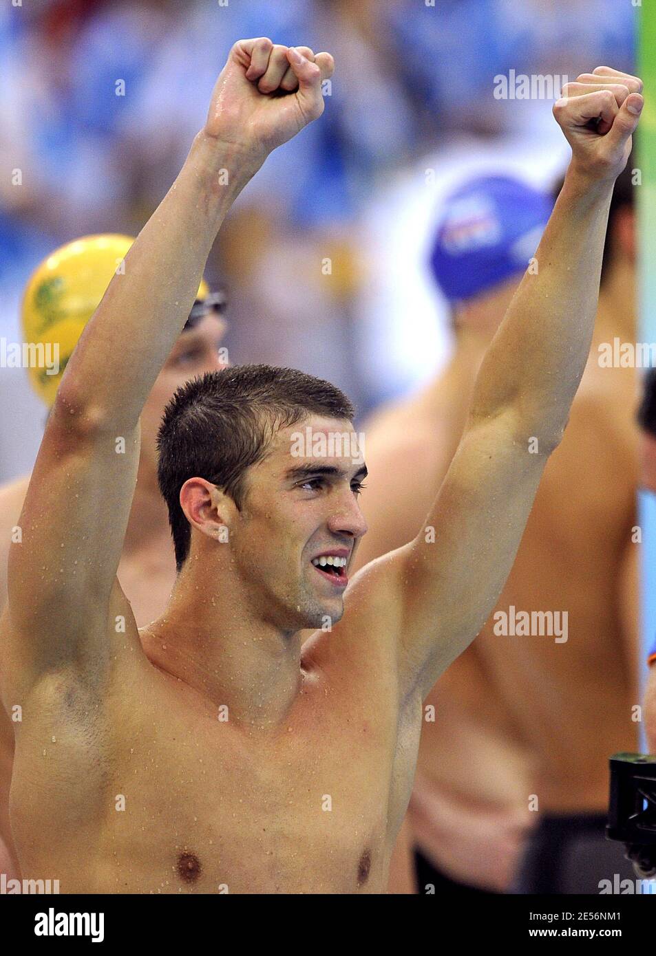 Michael Phelps of the United States celebrates after winning gold medals in the Men's 4x100 Medley Relay at the XXIX Beijing Olympic Games Day 9 at the National Aquatic Center in Beijing, China on August 17, 2008. Photo by Willis Parker/Cameleon/ABACAPRESS.COM Stock Photo