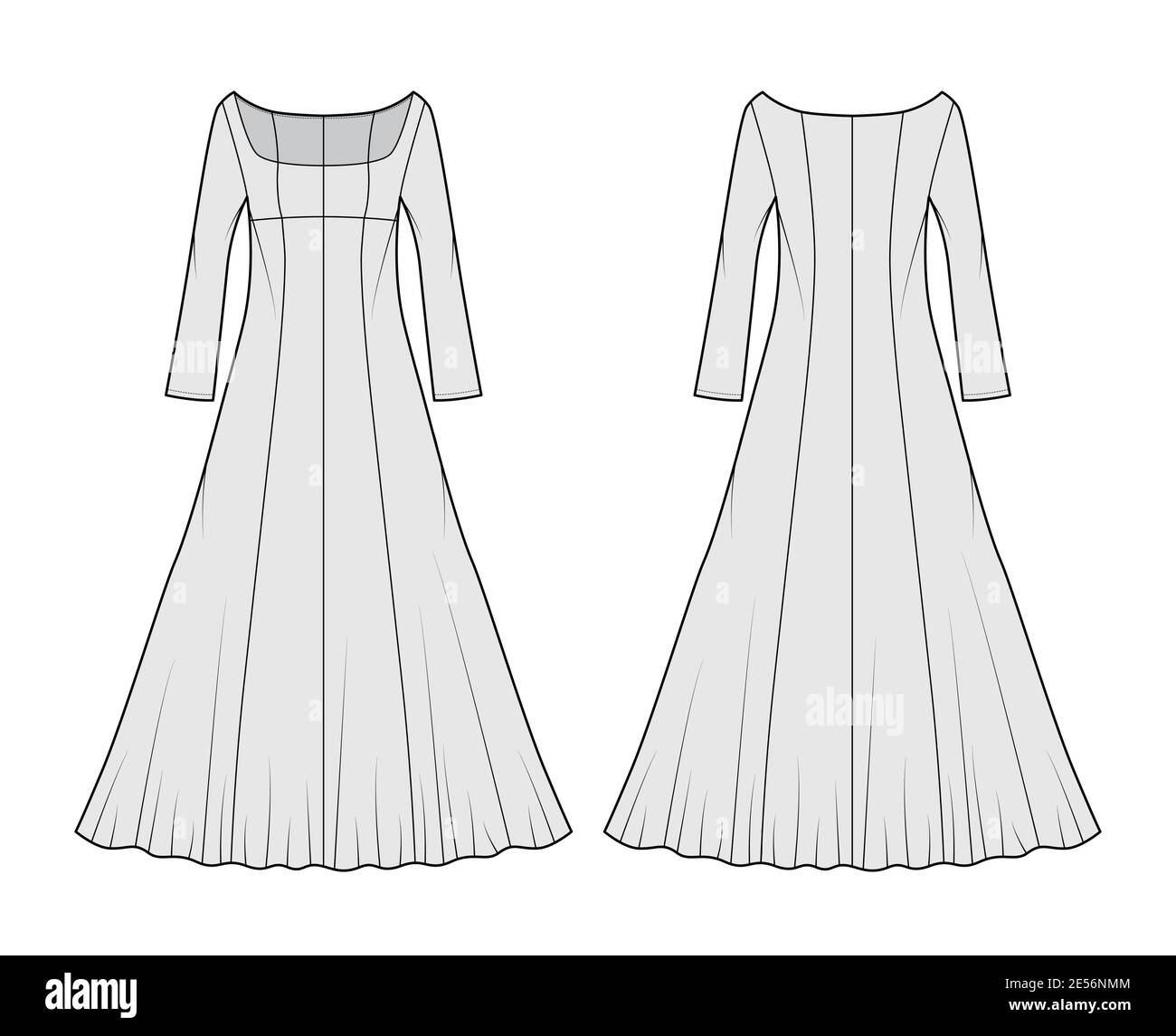 Dress evening technical fashion illustration with scoop neck, maxi ...