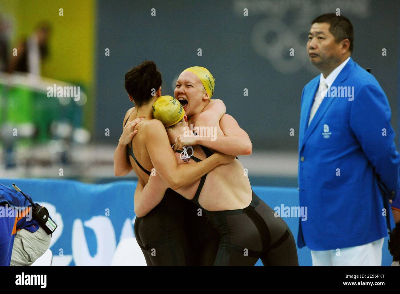 Stephanie Rice, Bronte Barratt,Kylie Palmer and Linda Mackenzie of Australia celebrate winning the Women's 4 x 200m Freestyle Relay Final and the gold medal held at the National Aquatics Centre during the day 6 of the Beijing 2008 Olympic Games on August 14, 2008. The Australian Team finished the race in a time of 7:44.31, a new World Record. Photo by Jing Min/Cameleon/ABACAPRESS.COM Stock Photo