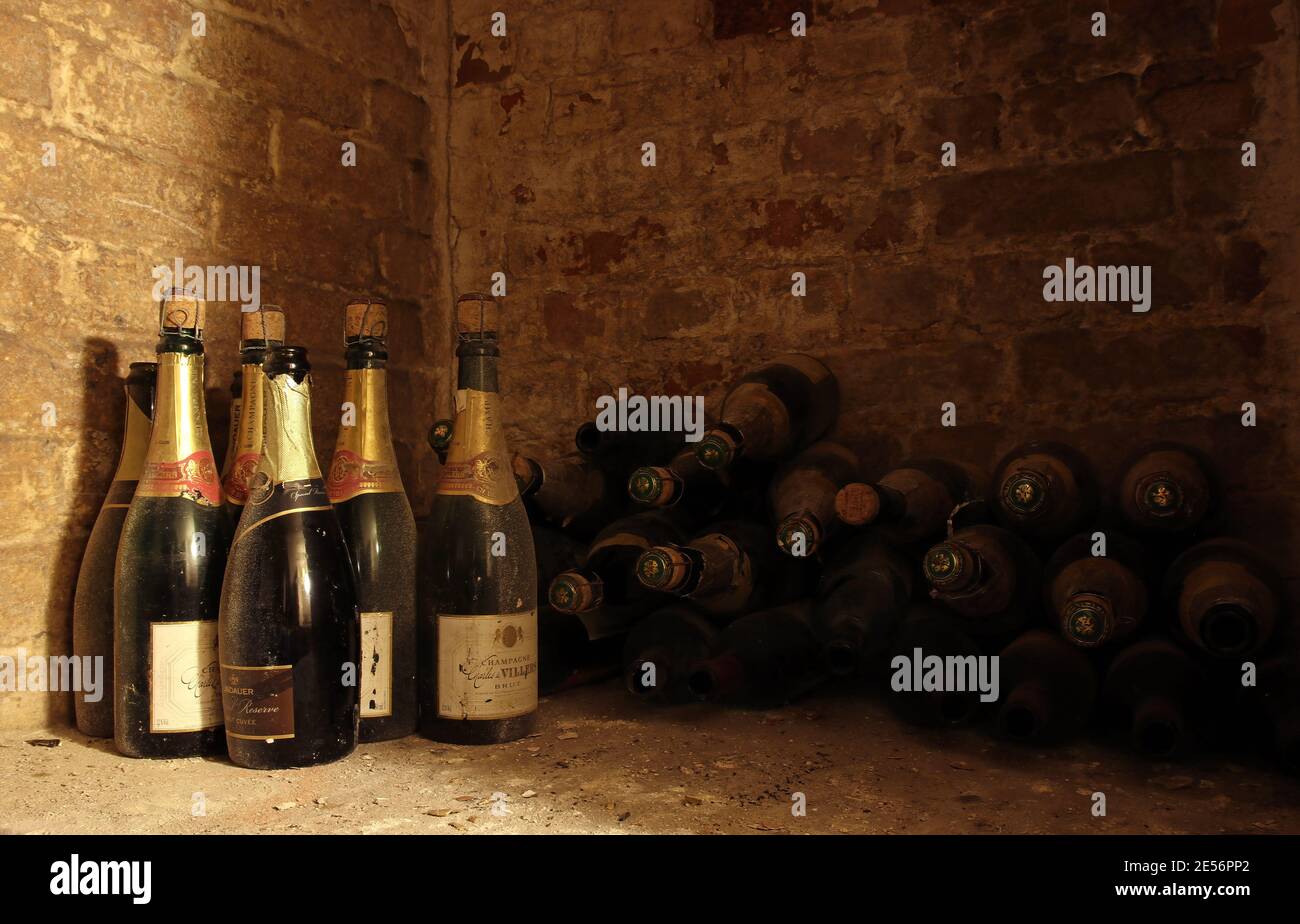 selection of old wine bottles in a cellar Stock Photo