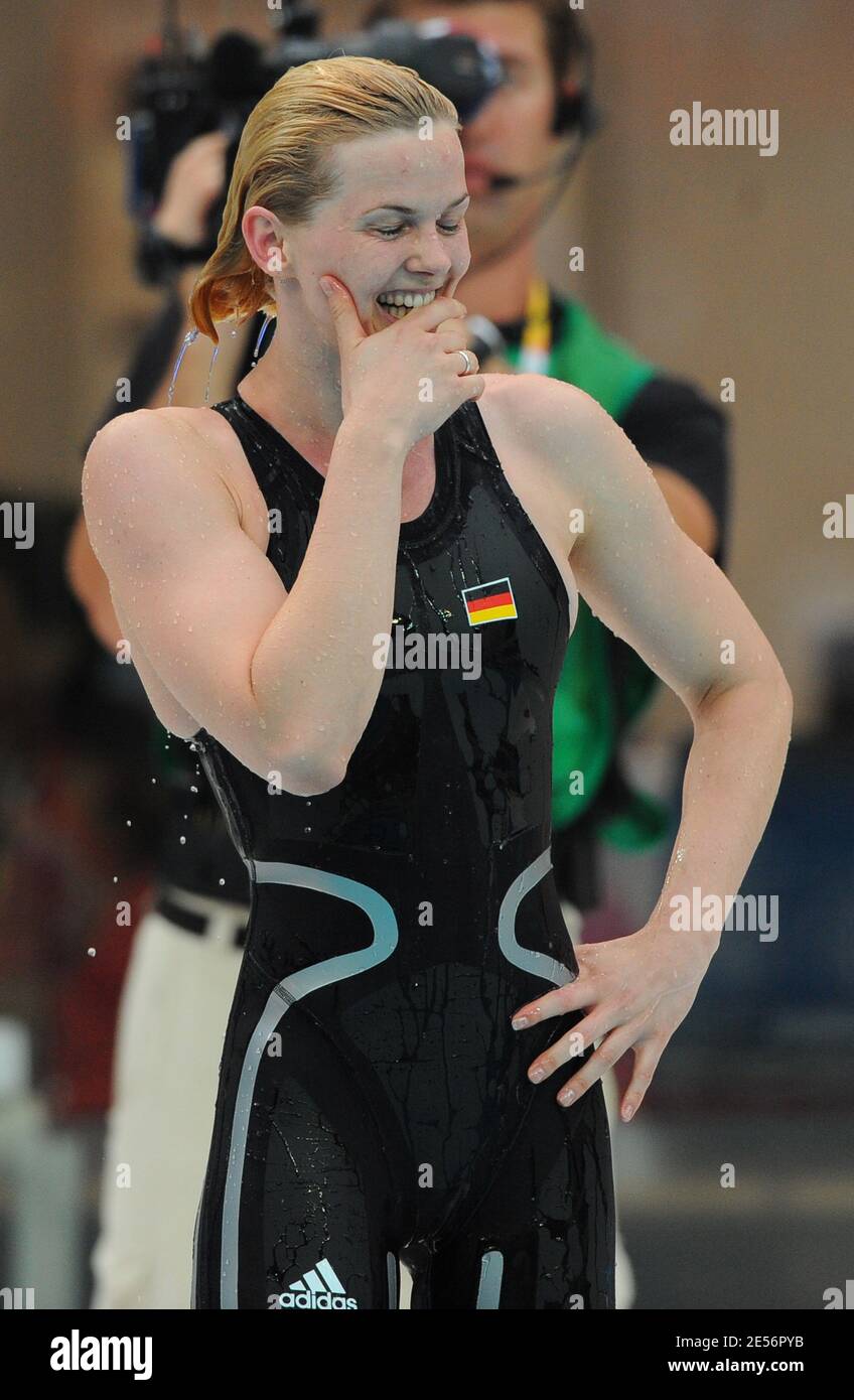Germany's Britta Steffen celebrates after the women's 100m freestyle swimming Final during the Beijing Olympic Games at the National Aquatics Center in Beijing, China on August 15, 2008. Germany's Britta Steffen claimed the gold medal in an Olympic record 53.12 seconds, just four-hundredths of a second ahead of world champion Australia's Libby Trickett. USA'S Natalie Coughlin took the bronze and equalled the US record in 53.39. Photo by Gouhier-Hahn-Nebinger/Cameleon/ABACAPRESS.COM Stock Photo